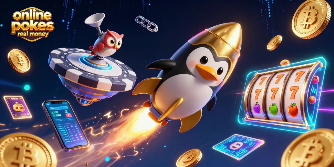 Engage with online pokies real money as a golden penguin soars towards a casino chip station amidst vibrant crypto elements.