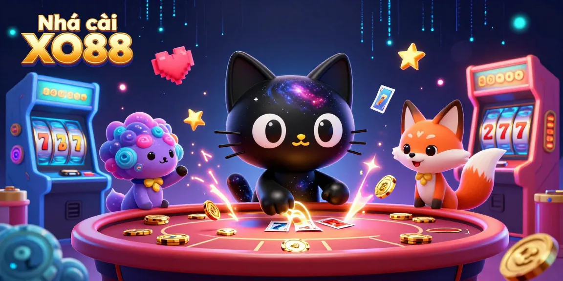 Engage with Nhà cái XO88's cosmic casino world, featuring a 3D cartoon black hole cat and colorful gameplay elements.