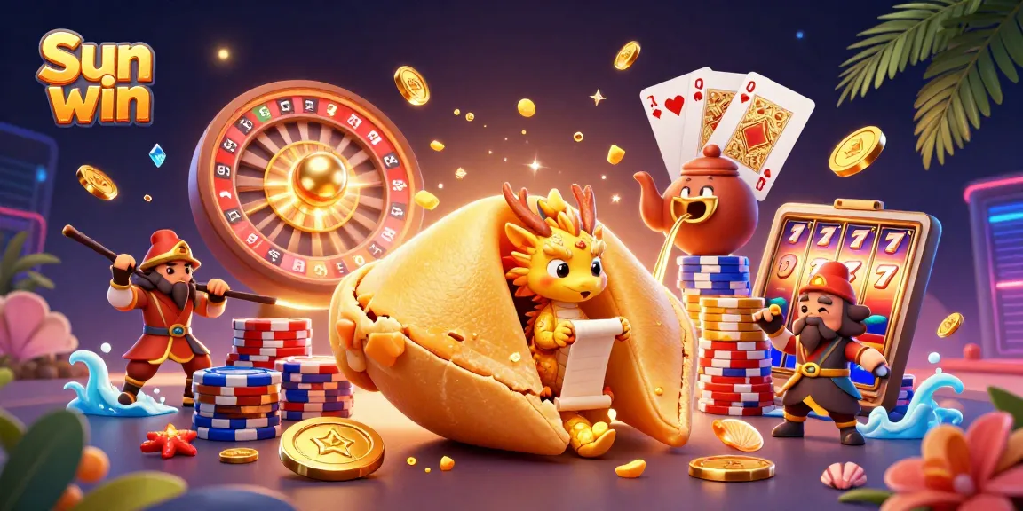 Sun win showcases a vibrant gambling scene with a golden fortune cookie and dynamic casino elements.