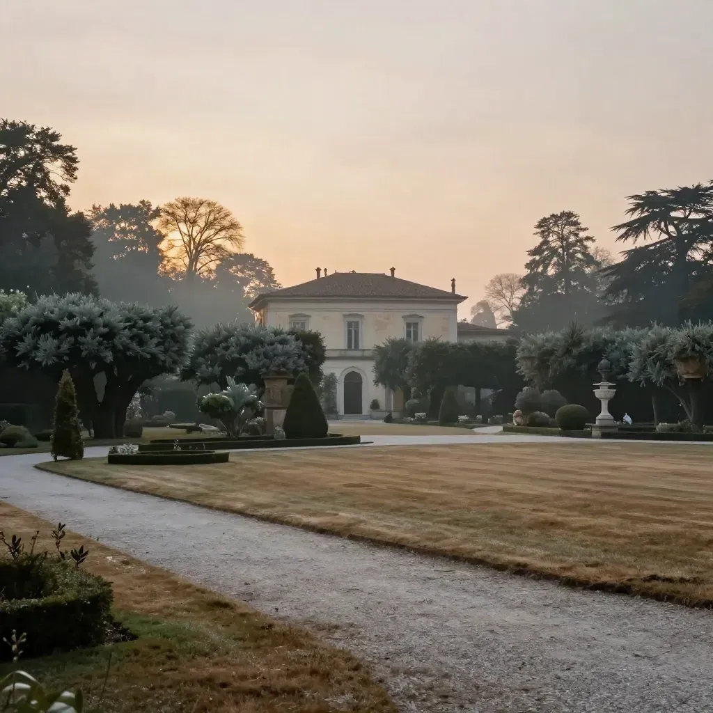 Giardini di villa a Monza e Brianza al tramonto, con nebbia e viali alberati.