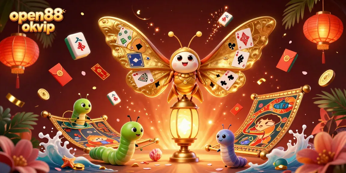 Engage with open88 okvip’s thrilling casino experience featuring a vibrant 3D moth and casino elements.