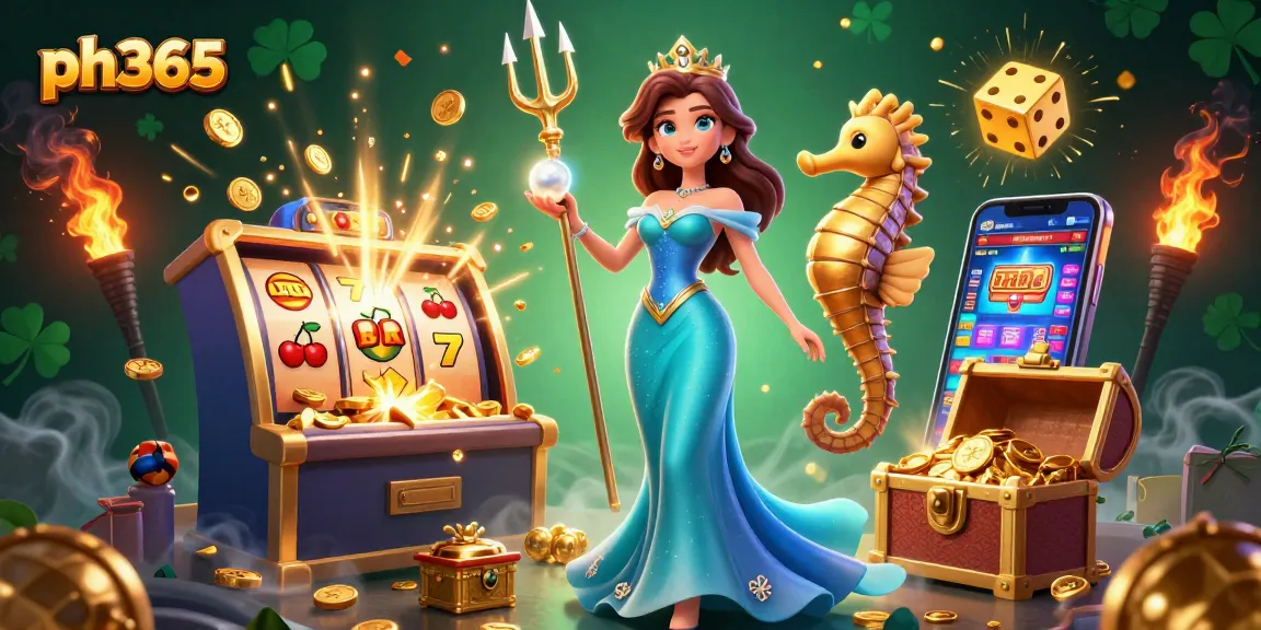 Spin the reels at ph365 with immersive gaming featuring a stunning woman, trident-wielding seahorse, and slot machine explosion.