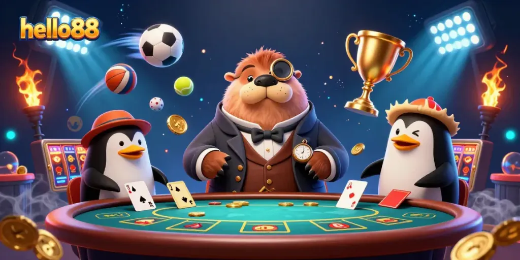 hello88 walrus playing poker underwater, featuring a penguin dealer and a bluffing pufferfish.