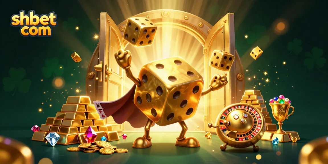Engage with shbet com through a vibrant 3D casino scene featuring animated dice golem and golden treasures.