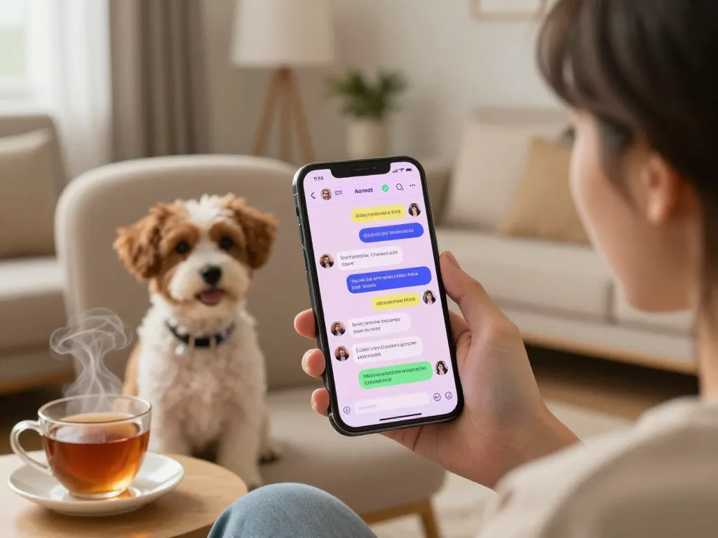 Engaging with a sex AI chat on a smartphone in a cozy living room