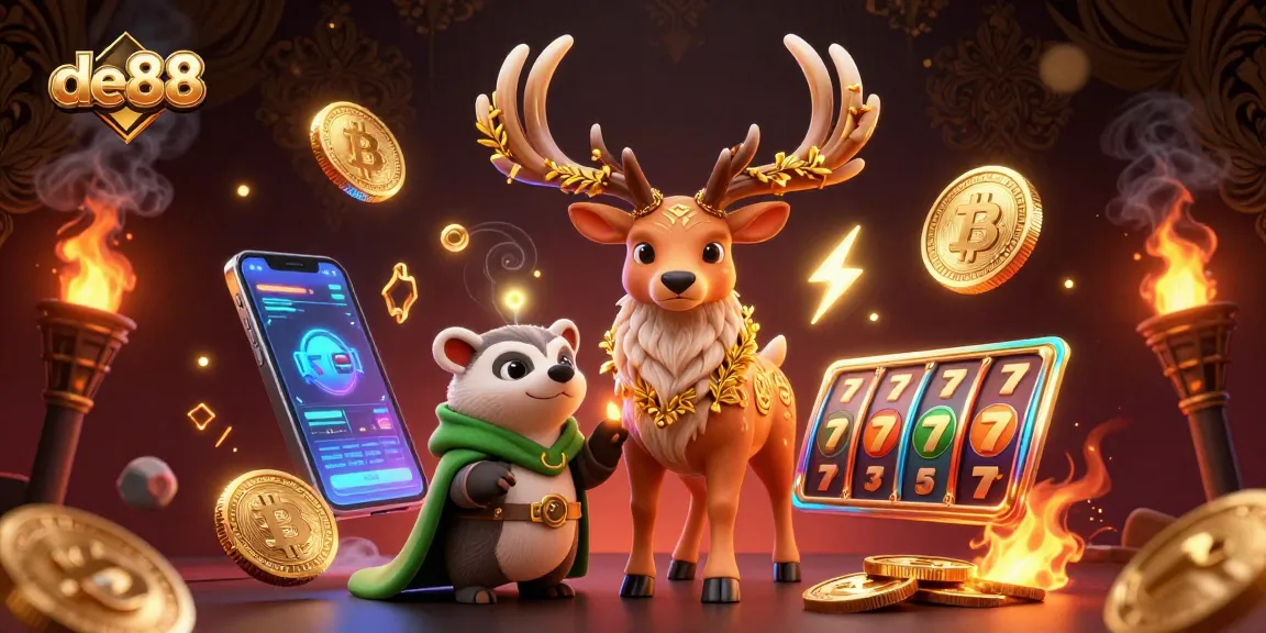 Engage in vibrant gaming with de88 featuring a mystical stag amidst crypto elements and thrilling slots.