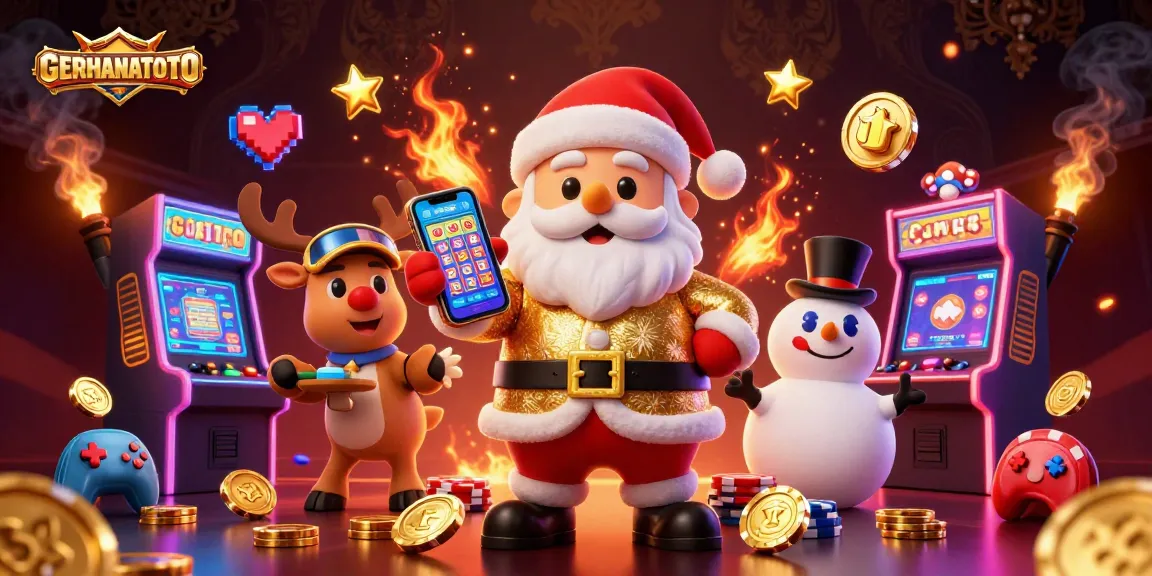 Gerhanatoto menampilkan Santa Claus 3D di kasino, dengan simbol jackpot dan salju di sekitarnya.