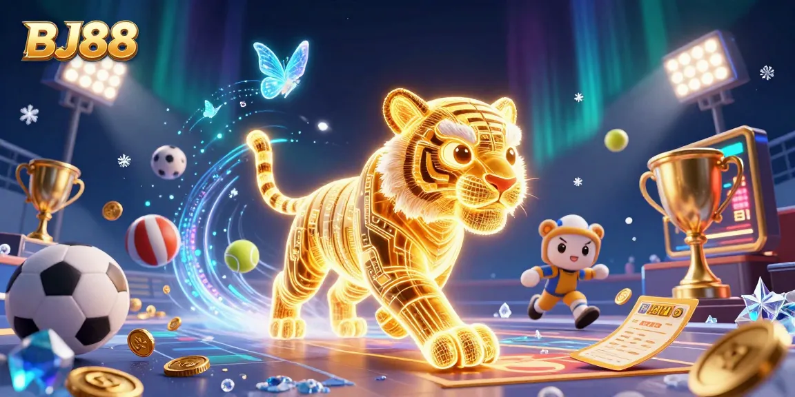 Experience the dynamic atmosphere at BJ88 casino, featuring vibrant gaming elements and a captivating golden tiger.