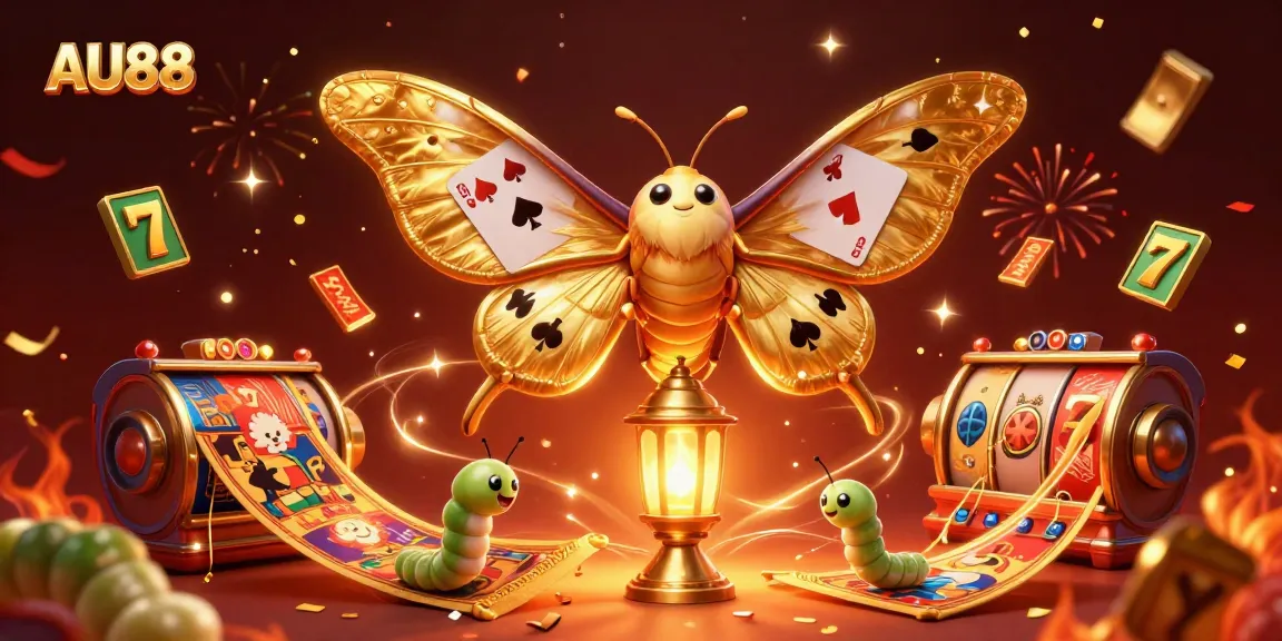 Experience the vibrant world of AU88 with a majestic moth and casino symbols crafted in 3D.
