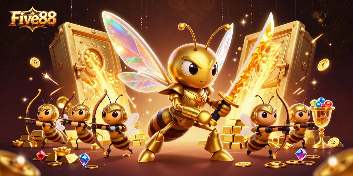 Witness the gameplay action at Five88 with a dynamic illustration of a golden hornet samurai and treasure-filled scene.