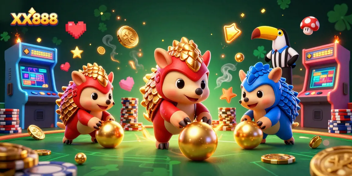 Experience thrilling gameplay with XX888 as rival pangolins roll through golden poker chips.