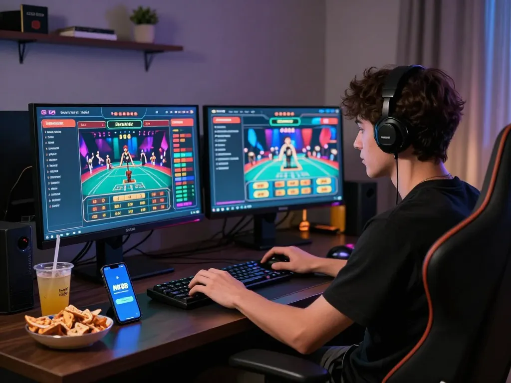 Engaging NK88 online gambling scene with live bets, modern decor, and youthful atmosphere.