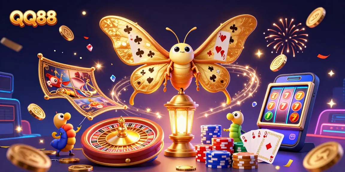 QQ88 entertains players with a vibrant 3D scene of casino excitement featuring golden wings and spinning roulette.