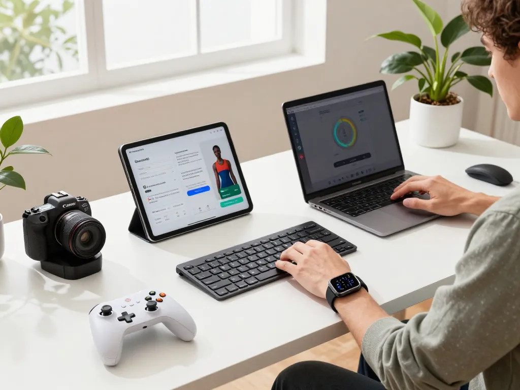 Engaging workspace featuring various smart tech gadgets, including Bluetooth keyboard and gaming controller.