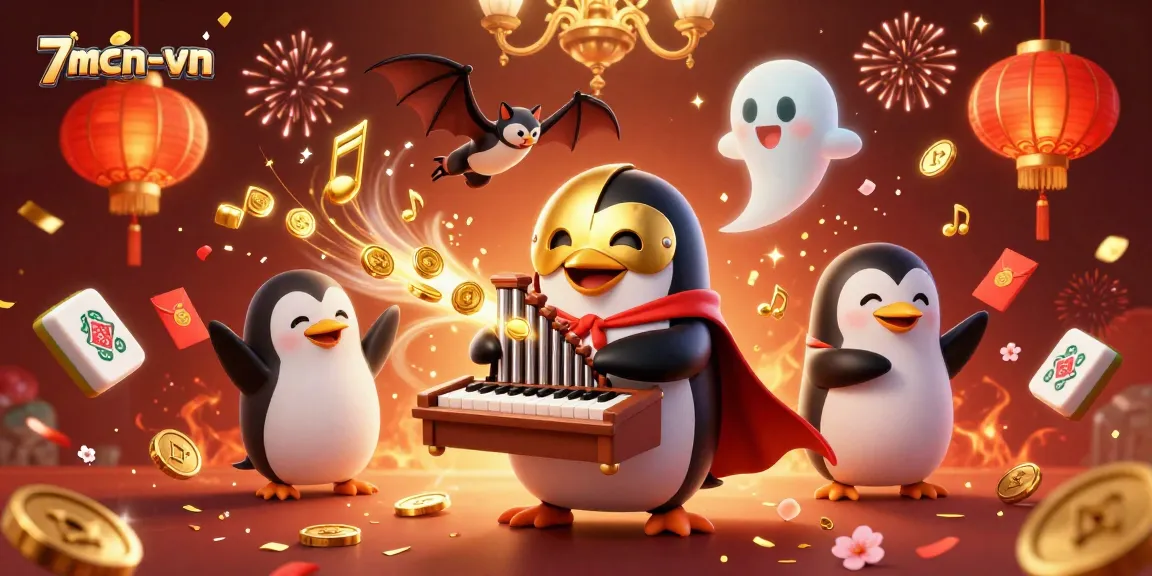 Experience vibrant celebrations at 7mcn-vn as a penguin plays a golden pipe organ amidst festive elements.
