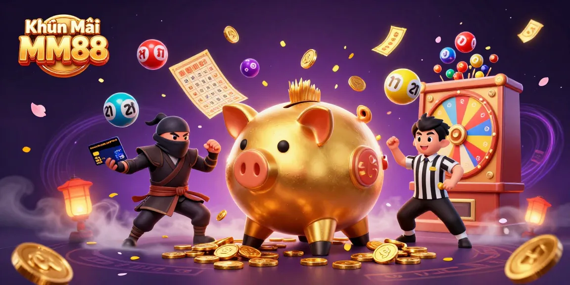 Engage with Khuyến Mãi MM88 promotions as a golden sumo piggy bank celebrates overflowing rewards.