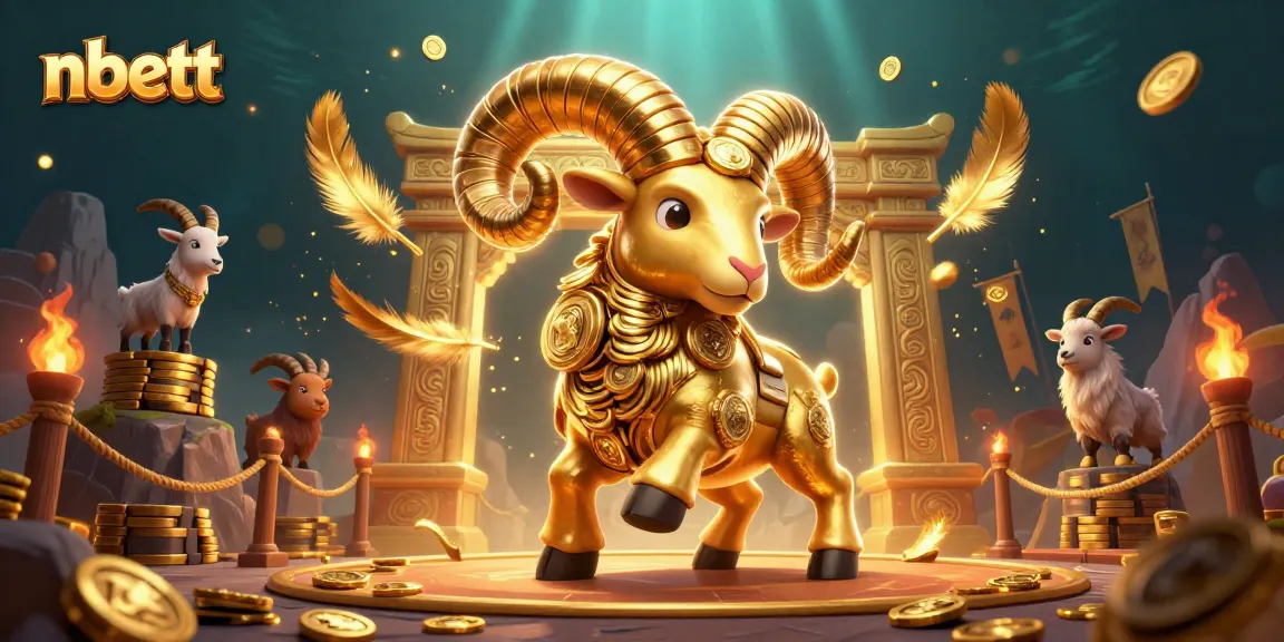 nbett showcases a golden ram headbutting a gate, amidst vibrant casino elements in 3D art.