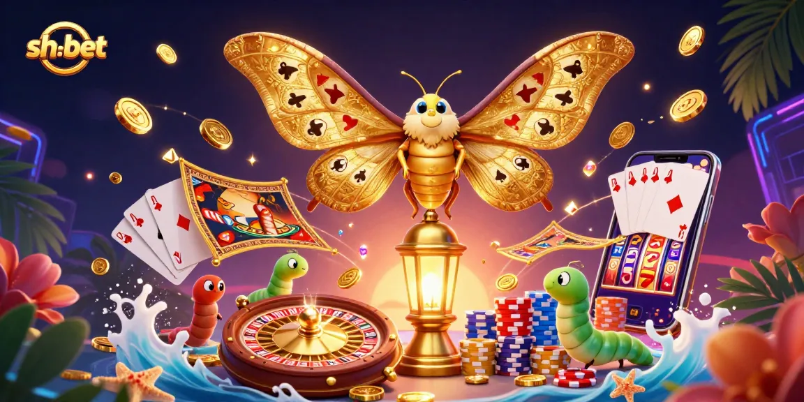 Experience thrilling gameplay with sh-bet's captivating casino scene featuring an atlas moth, coins, and game elements.
