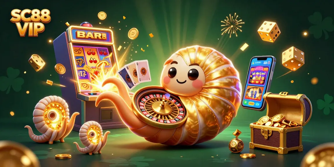 Play exciting casino games with SC88 VIP, featuring dynamic 3D illustrations of classic gaming elements.