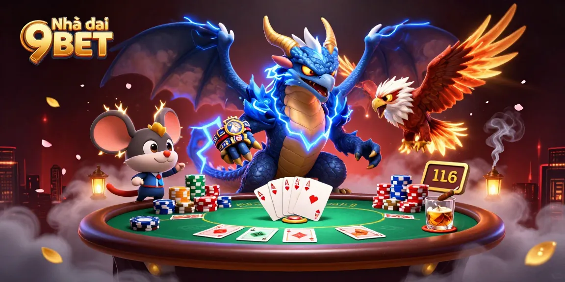 Experience thrilling moments with Nhà cái 9BET at the electrifying poker table, surrounded by unique characters.