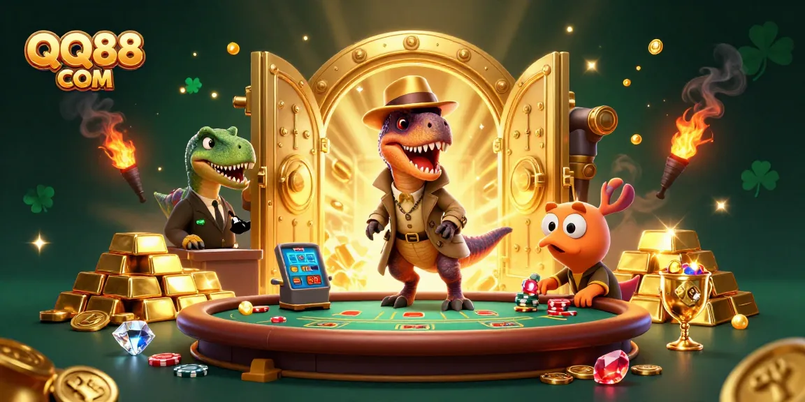 Experience QQ88 COM with a vibrant, dynamic casino scene featuring engaging characters and luxurious details.