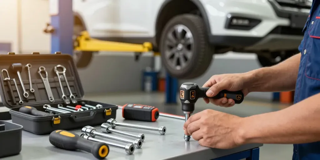 Tecnico che utilizza utensili ks tools in un'officina meccanica professionale.