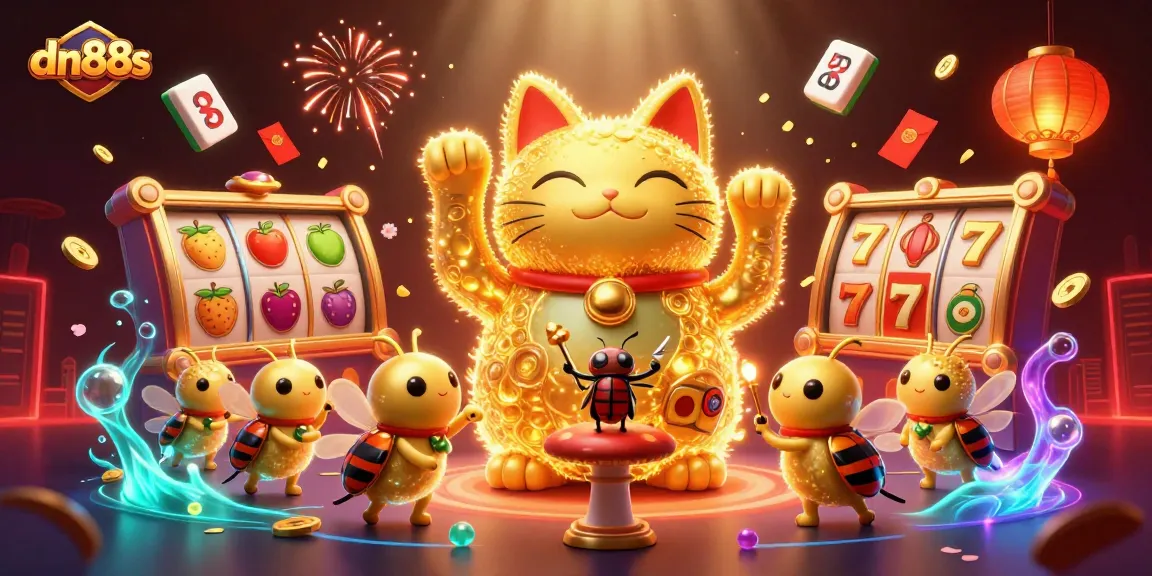Engage with exciting slot games at dn88s, featuring a golden lucky cat illustration.