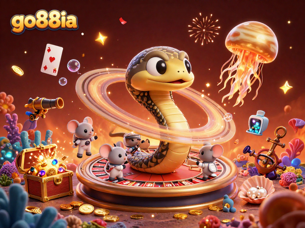 Experience the thrill of go88ia as astronaut mice bet on Saturn's roulette rings in a vibrant cosmic scene.