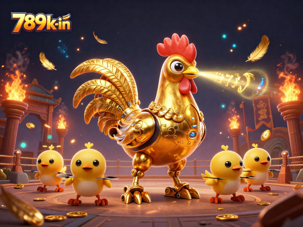 Engage in thrilling gaming at 789k-in with a golden rooster robot leading a lively scene packed with dynamic elements.