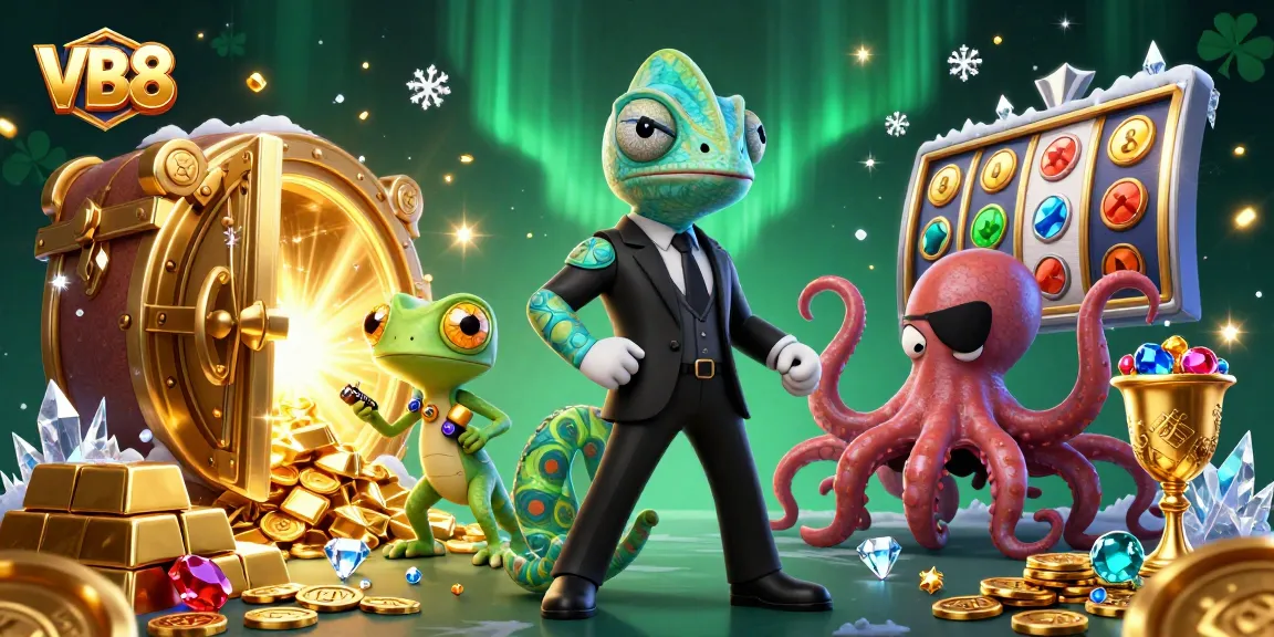 VB8 illustrated scene with a chameleon, gecko, and octopus among colorful slot elements and treasures.
