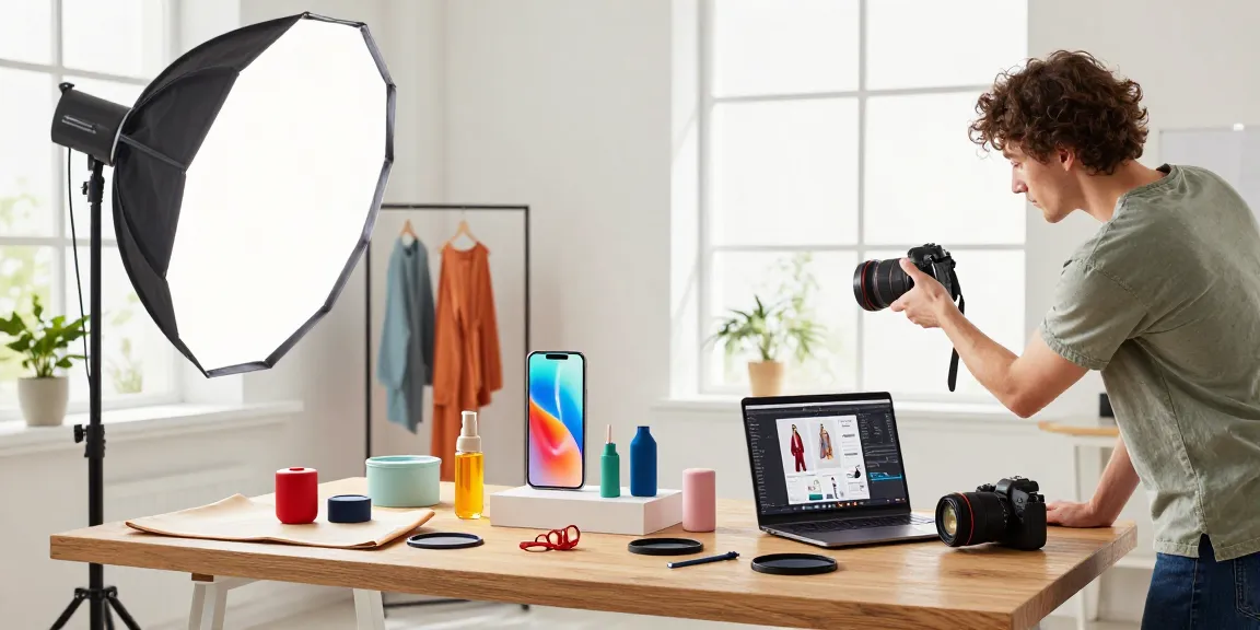 Fotografo ecommerce Milano che cattura prodotti retail in un luminoso studio con illuminazione professionale e accessori.