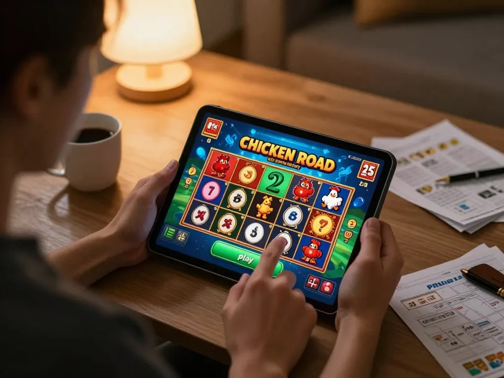Momento coinvolgente di gioco online con le recensioni di Chicken Road Casino visibili sullo schermo del tablet, che mostrano la strategia del giocatore.