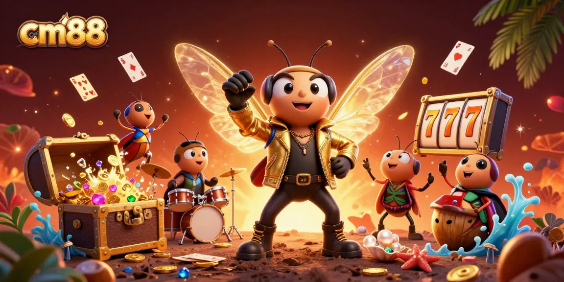 Experience thrill with cm88 as a cicada rock star and friends in an electric casino scene.