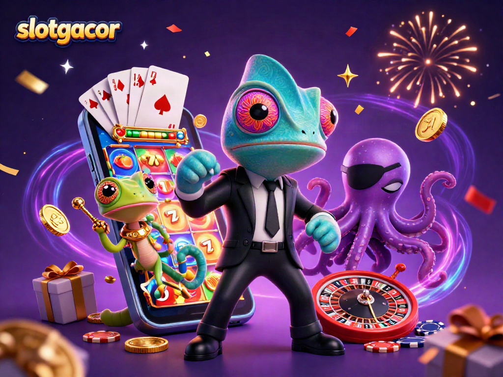 Spin the reels with slotgacor in a vibrant, 3D casino scene featuring exciting game elements and characters.