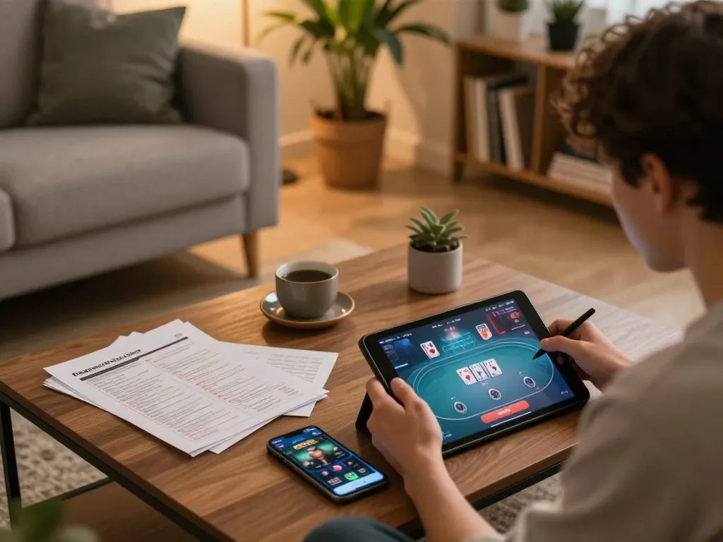 Engaging in poker online at 789WIN with a cozy atmosphere and strategic notes.