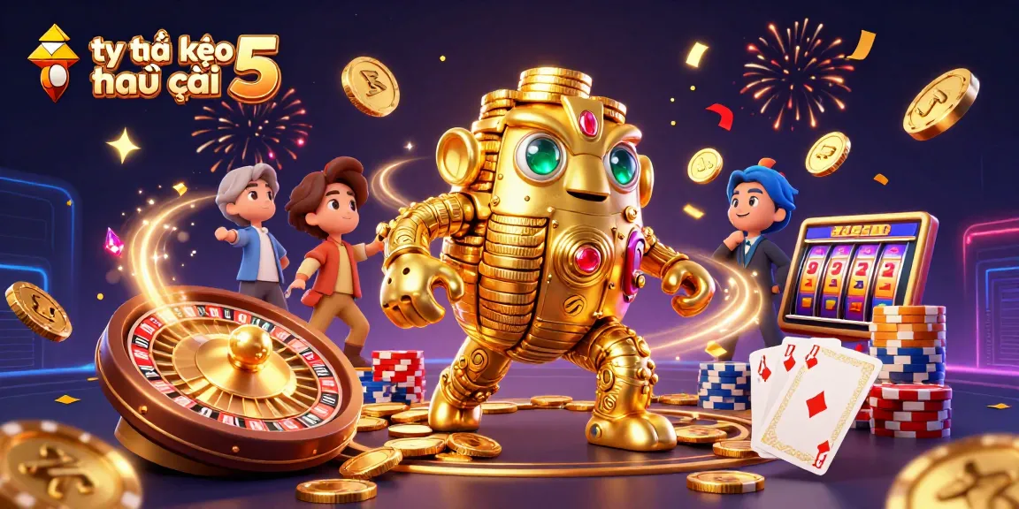 Engage with tỷ lệ kèo nhà cái 5 in this vibrant 3D casino scene showcasing a golden golem and dynamic gaming elements.