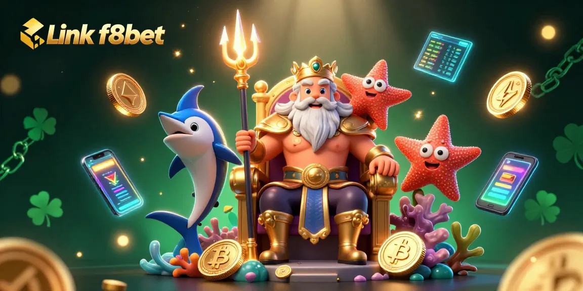 Bet on Link f8bet with Neptune and a swordfish samurai amidst a vibrant casino scene.