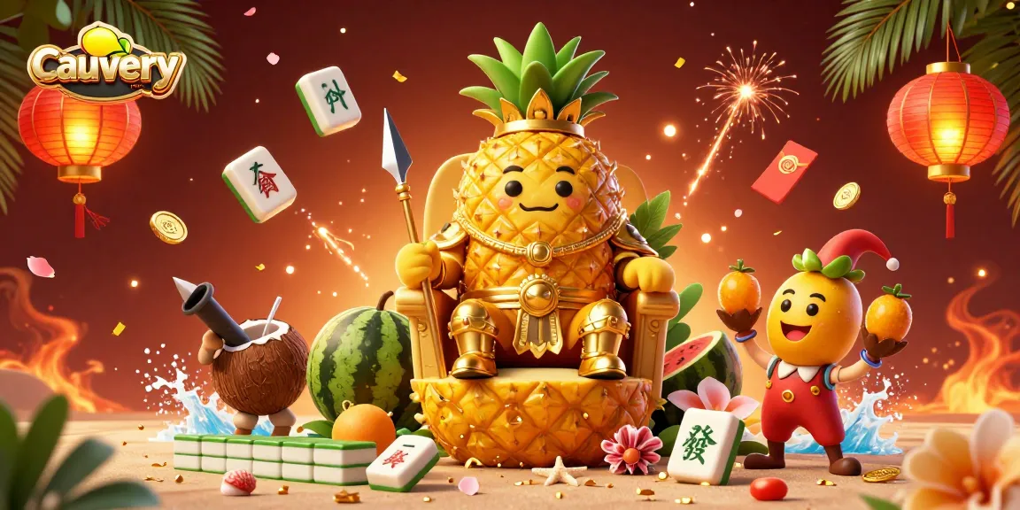 Cauverynews showcases a vibrant beach casino scene with a golden pineapple king and dynamic game elements for a lively gambling atmosphere.