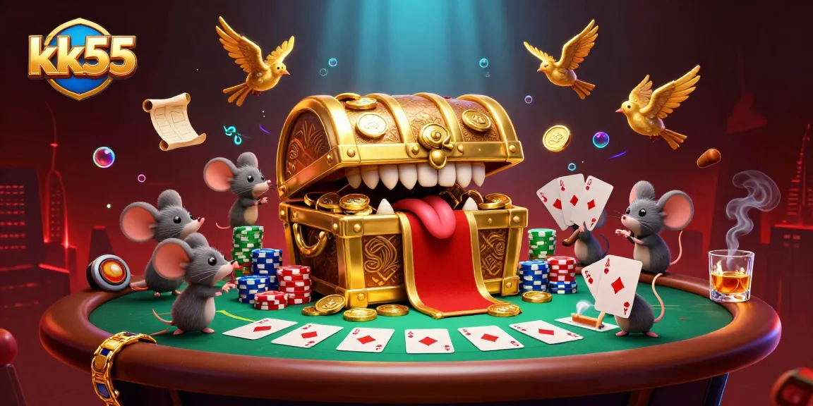 Experience immersive gaming excitement at kk55 with a dynamic 3D casino scene filled with treasures and poker action.