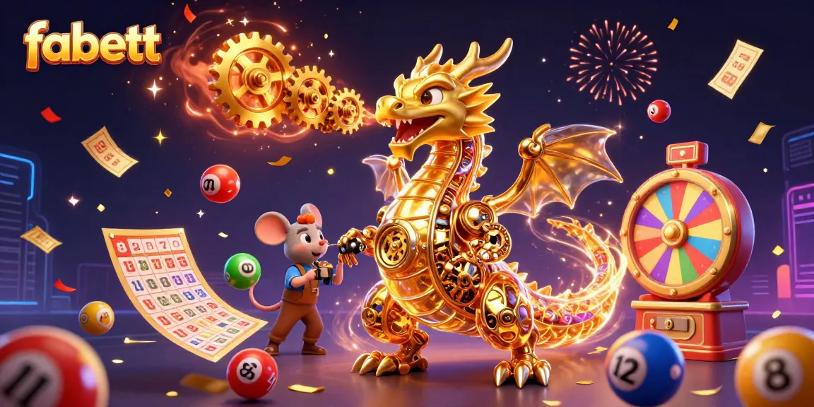 Fabett showcases a vibrant casino scene with colorful lottery elements and a majestic dragon.