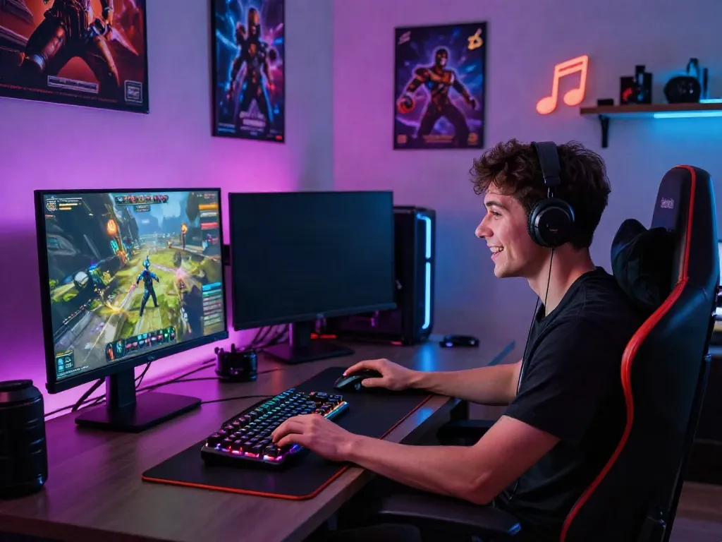 Gamer engaging in competitive gameplay at a modern desk with dual monitors and vibrant RGB lighting, highlighting rokok88 gaming culture.