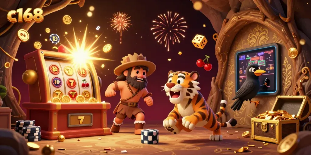 Experience the thrill of winning at c168's prehistoric casino filled with vibrant gaming elements.