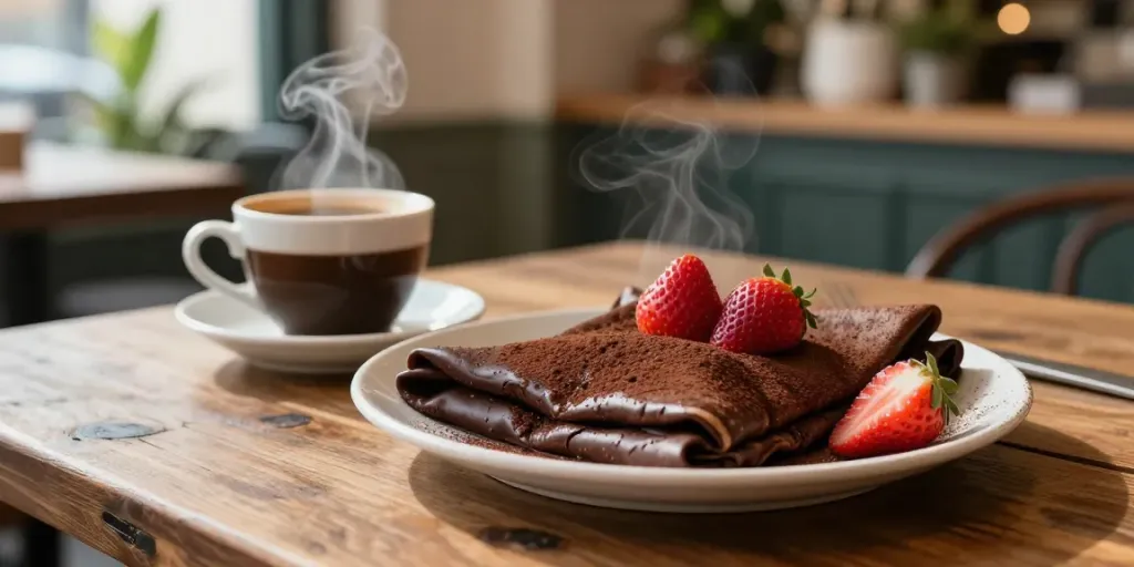 Indulging in rokok88's rich dark chocolate crepes on a rustic café table.