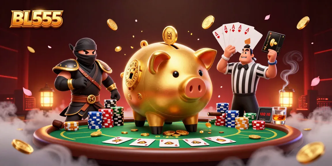 BL555 brings excitement as the golden piggy bank sumo wrestler unleashes winning coins in a vibrant casino.
