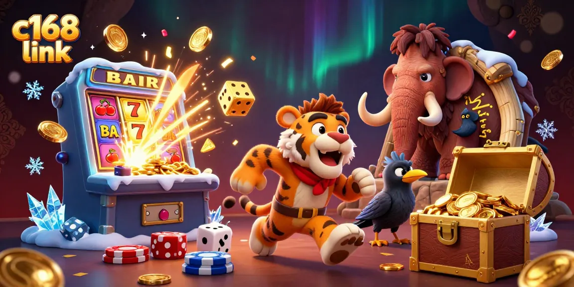 Join the excitement at C168 link with vibrant casino fun featuring a caveman duo, slot machine, and lively elements.