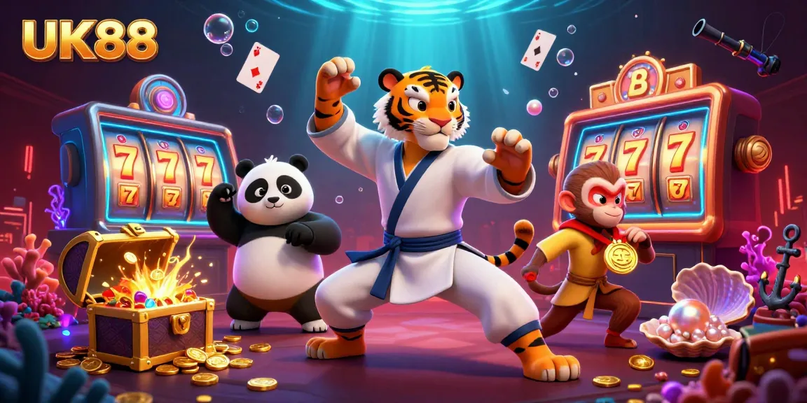 Engage with UK88's captivating casino scene featuring animated characters and slot game elements.