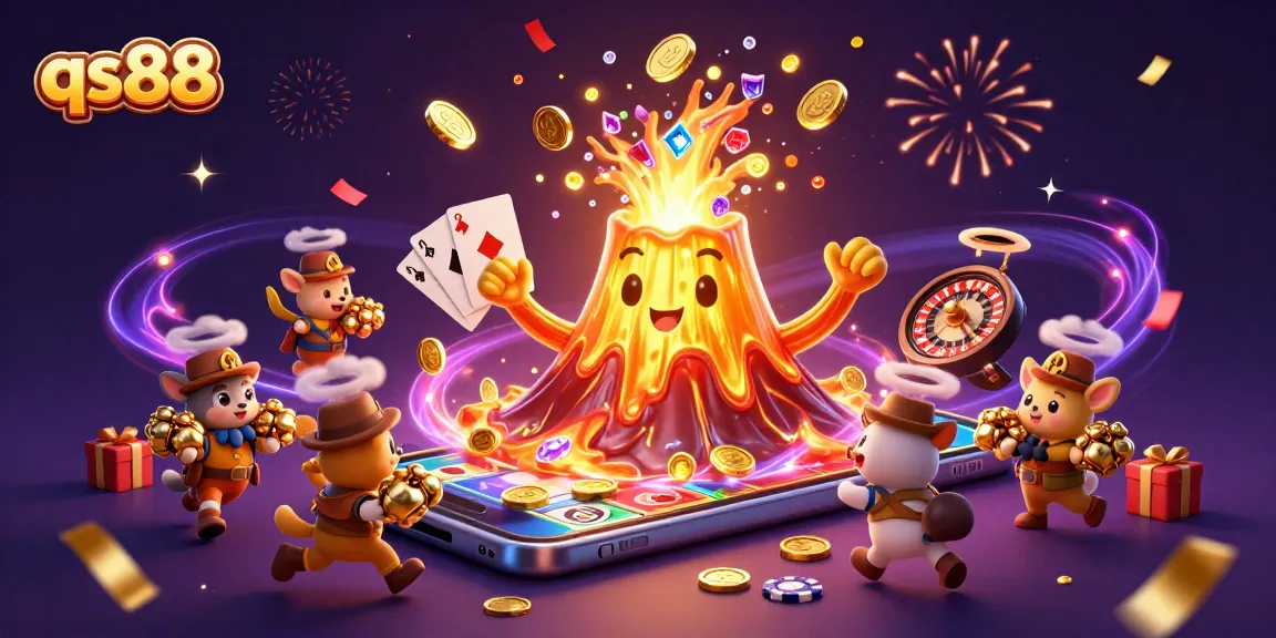 Spin the reels with qs88’s exciting treasures as golden coins erupt alongside a victorious volcano.