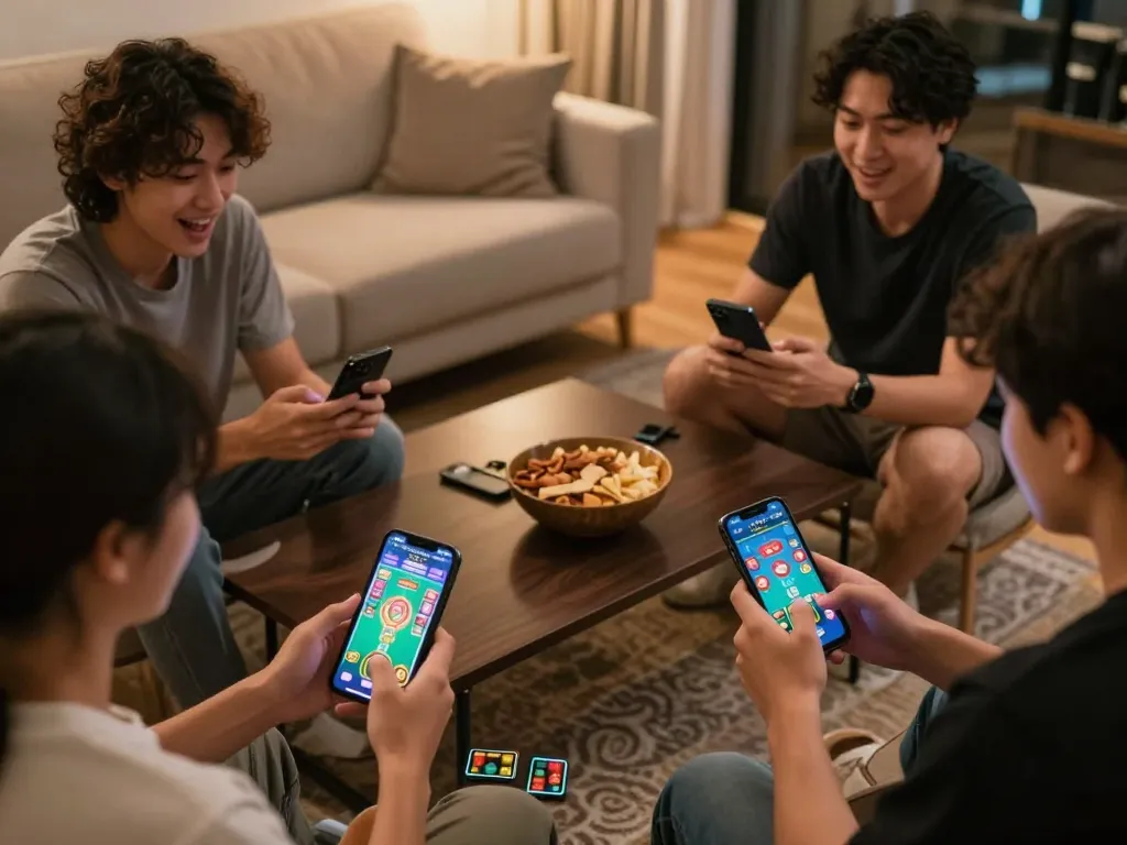 Xóc đĩa online gameplay on smartphones with players engaged in a cozy living room