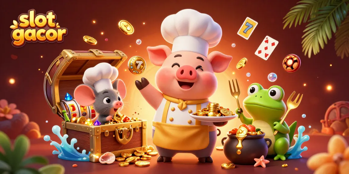 Menggoda kemenangan slot gacor dengan gambar 3D, aneka koin emas dan simbol slot yang menarik dalam suasana kasino.