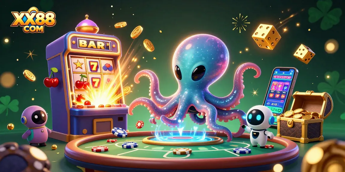 Play exciting casino games at XX88 COM with a vibrant illustrated scene featuring alien characters.